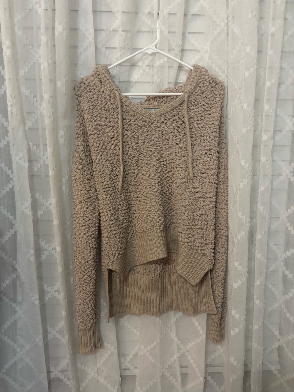 FAVLUX Women's Popcorn V-Neck Hoodie Sweater in Taupe